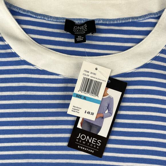 FLEUR | NWT XL Blue White Striped 3/4 Sleeve Button Crew Neck Shirt Top - Picture 3 of 7